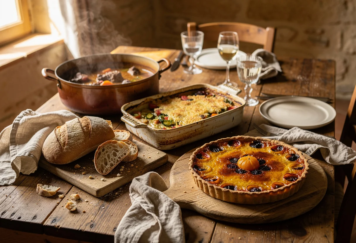 Table de cuisine dressée avec des plats maison dans le Gers