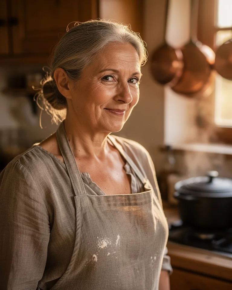 Portrait d'une cuisinière du Gers devant ses fourneaux