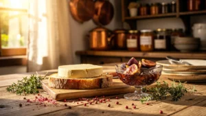 Foie gras servi avec brioche et confiture sucrée sur table rustique éclairée naturellement