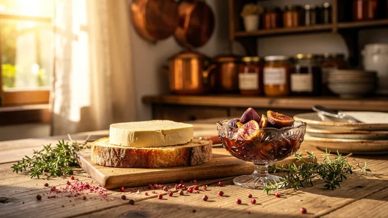 Foie gras servi avec brioche et confiture sucrée sur table rustique éclairée naturellement