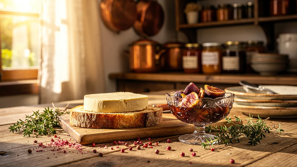 Foie gras servi avec brioche et confiture sucrée sur table rustique éclairée naturellement