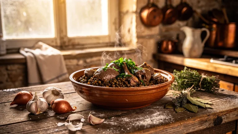 Plat d’abattis de canard aux lentilles dans une cuisine rustique anti-gaspi à la lumière naturelle