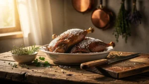 Confits de canard trop salés sur table rustique, erreur culinaire évitée par une cuisinière expérimentée