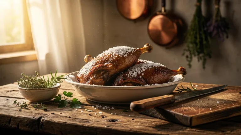 Confits de canard trop salés sur table rustique, erreur culinaire évitée par une cuisinière expérimentée