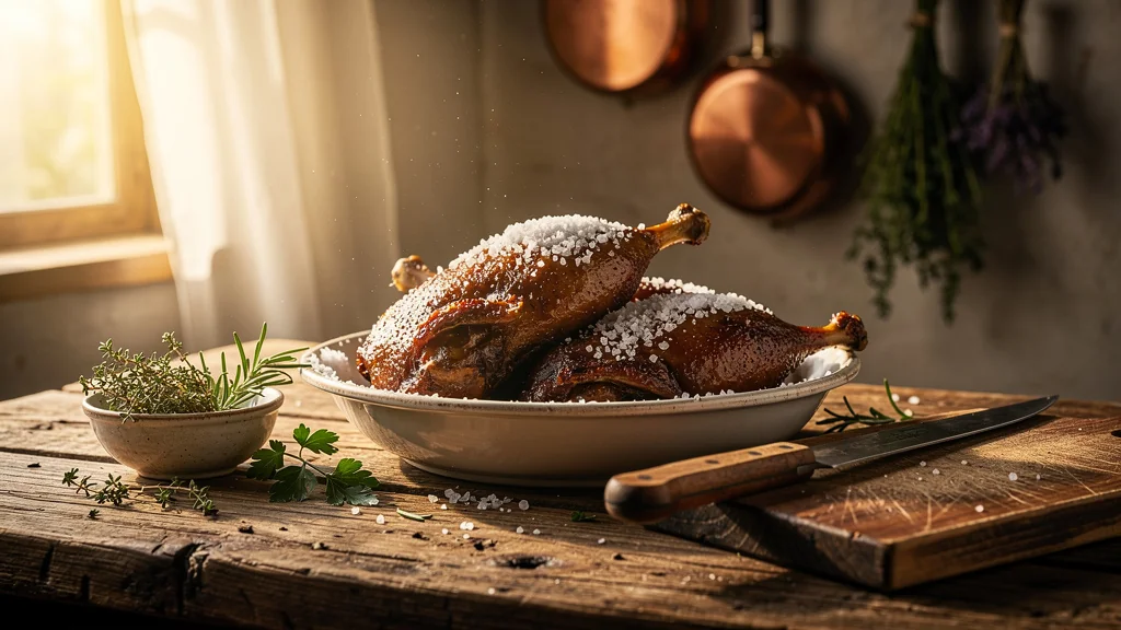 Confits de canard trop salés sur table rustique, erreur culinaire évitée par une cuisinière expérimentée