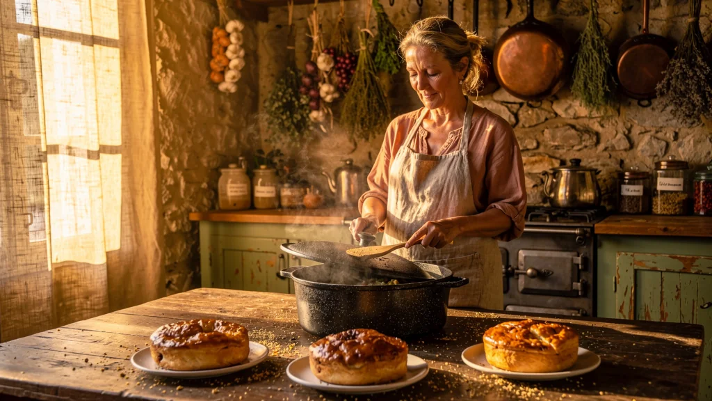 Cassoulet maison avec trois croûtes dorées dans une cuisine rustique éclairée au coucher du soleil