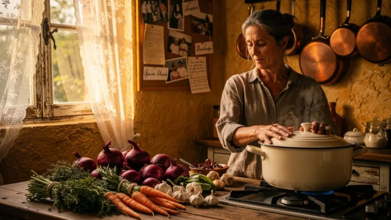 Femme cuisinière réfléchissant dans une cuisine rustique sur pourquoi ses daubes manquaient de fond