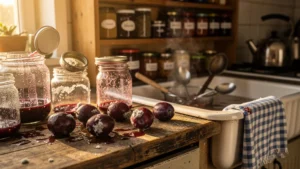 Deux kilos de prunes gâtés sur un plan de travail en bois dans une cuisine rustique non stérilisée à temps