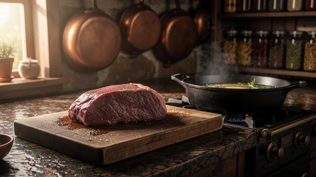 Viande crue posée sur planche en bois prête à être saisie pour mijoter un civet traditionnel