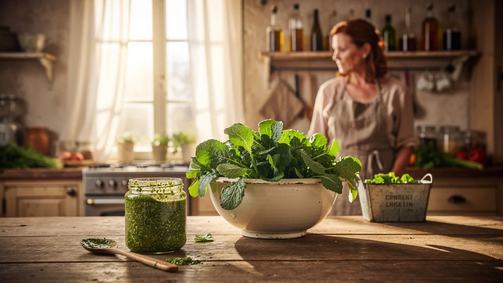 Cuisine chaleureuse avec fanes de radis fraîches et pesto maison, ambiance lumineuse et réaliste