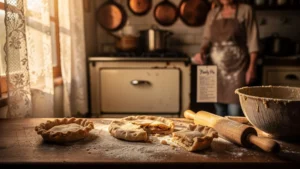 Cuisine vintage avec pâtes brisées ratées devant un four ancien, ambiance chaleureuse et réaliste