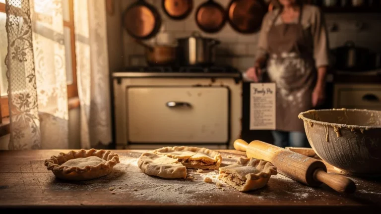 Cuisine vintage avec pâtes brisées ratées devant un four ancien, ambiance chaleureuse et réaliste