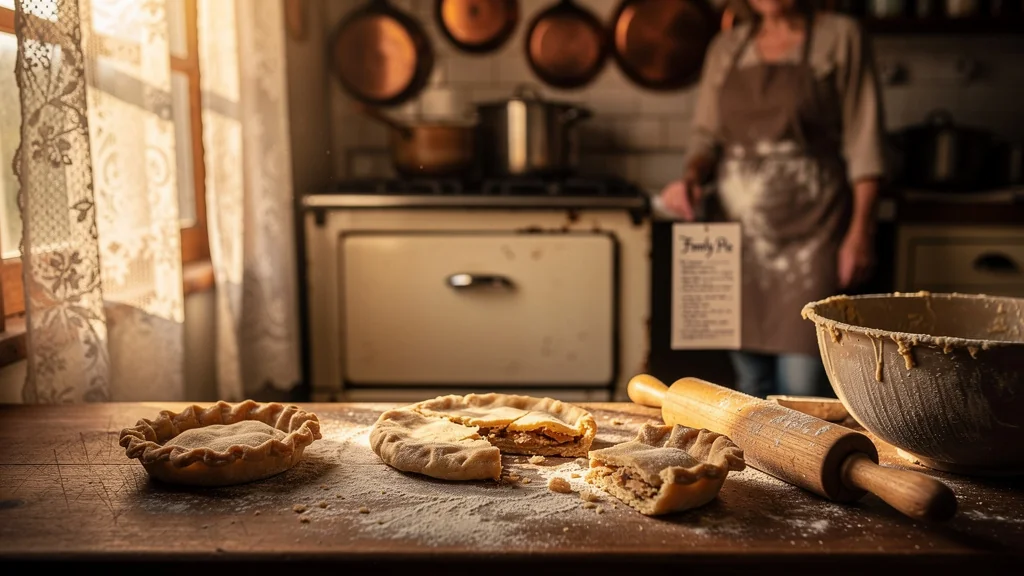 Cuisine vintage avec pâtes brisées ratées devant un four ancien, ambiance chaleureuse et réaliste