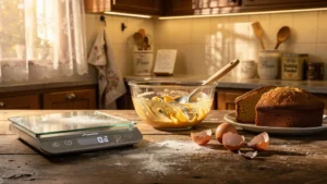 Cuisine chaleureuse avec balance connectée et gâteau réussi sur un plan de travail en bois