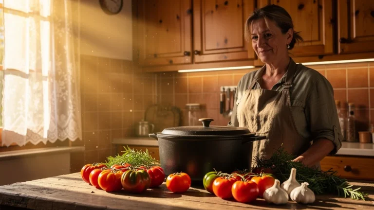 Femme cuisinière avec cocotte en fonte dans cuisine rustique, illustrant son usage quotidien et sa valeur