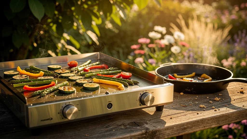 Plancha de jardin avec légumes d'été grillés, rivalisant avec une poêle traditionnelle en extérieur