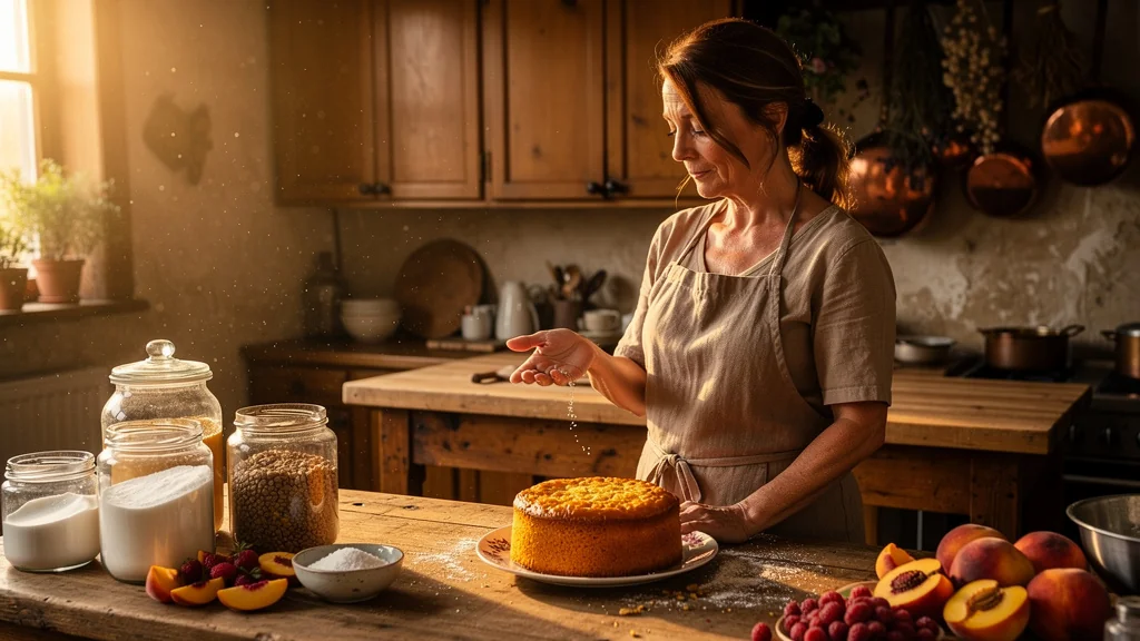 Femme cuisinière réfléchissant à l'utilisation du demi-sel dans ses recettes sucrées en cuisine rustique
