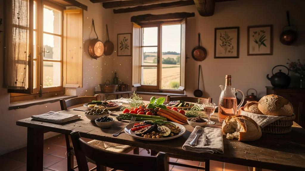 Repas sans viande servi dans un décor rustique du Gers, ambiance chaleureuse et lumière naturelle