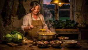 Femme cuisinière préparant une garbure réconfortante au chou dans une cuisine rustique chaleureuse