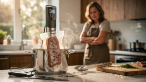 Cuisine maison avec appareil sous-vide illustrant les promesses et limites du sous-vide au quotidien