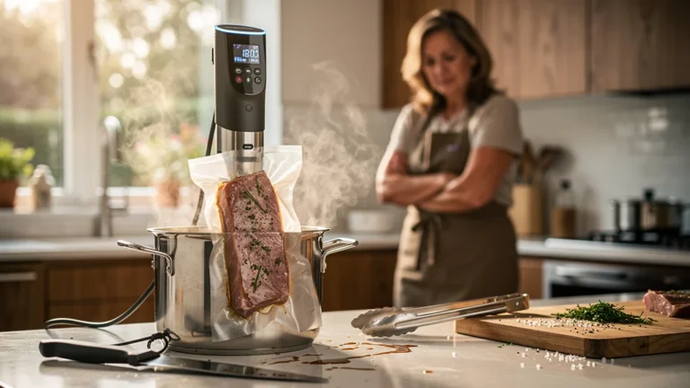 Cuisine maison avec appareil sous-vide illustrant les promesses et limites du sous-vide au quotidien