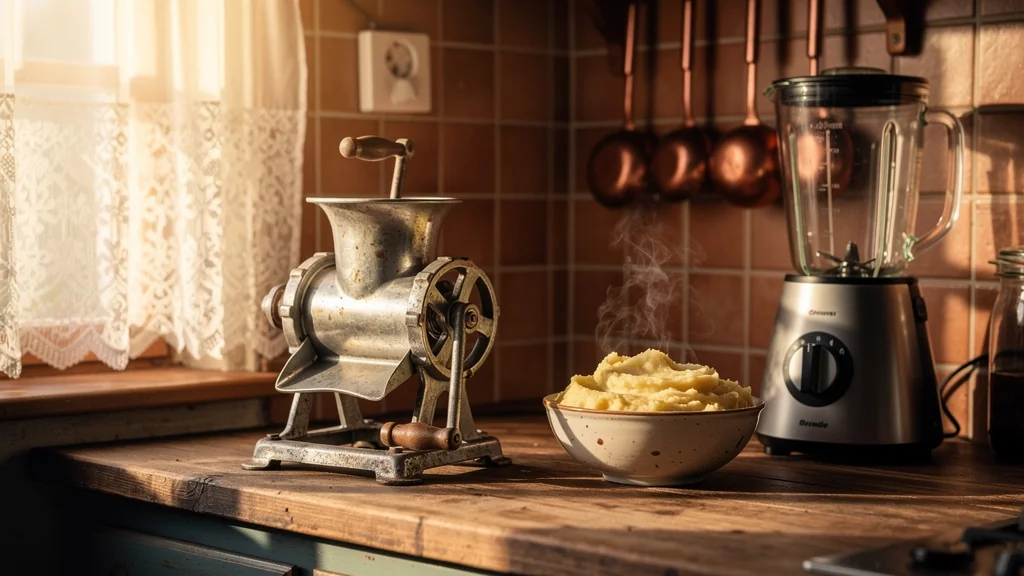 Cuisine chaleureuse avec moulin à légumes vintage et purée maison, symbole de tradition culinaire