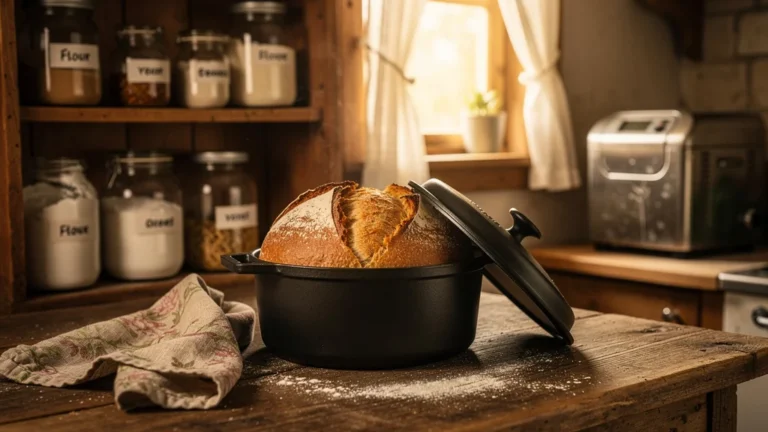 Pain cuit en cocotte doré sur comptoir en bois, battant une vieille machine à pain dans une cuisine rustique