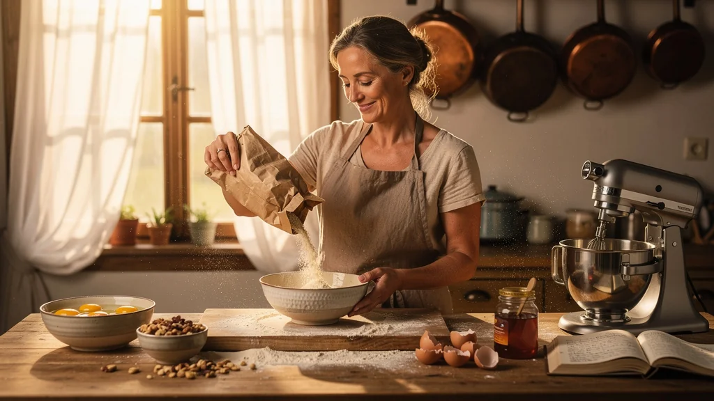 Femme cuisinière de 48 ans cuisinant librement sans peser ses ingrédients au gramme près dans une cuisine chaleureuse