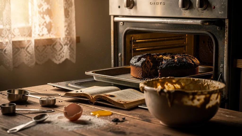 Plaque de gâteau brûlée oubliée dans un four, symbole de quarante minutes perdues en cuisine
