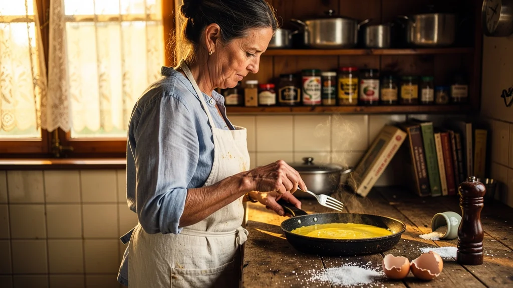 Femme cuisinière de 48 ans déçue devant une omelette baveuse ratée salée trop tôt