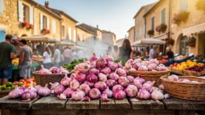 Marché de Fleurance avec ail rose frais en gros plan, fraîcheur et couleur uniques pour cuisiner