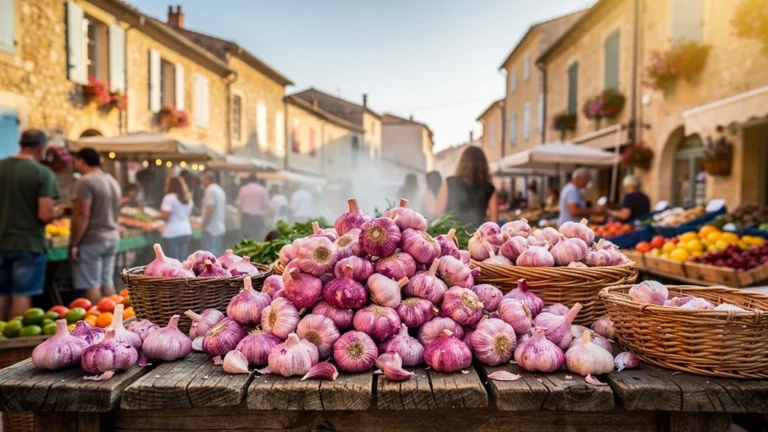Marché de Fleurance avec ail rose frais en gros plan, fraîcheur et couleur uniques pour cuisiner