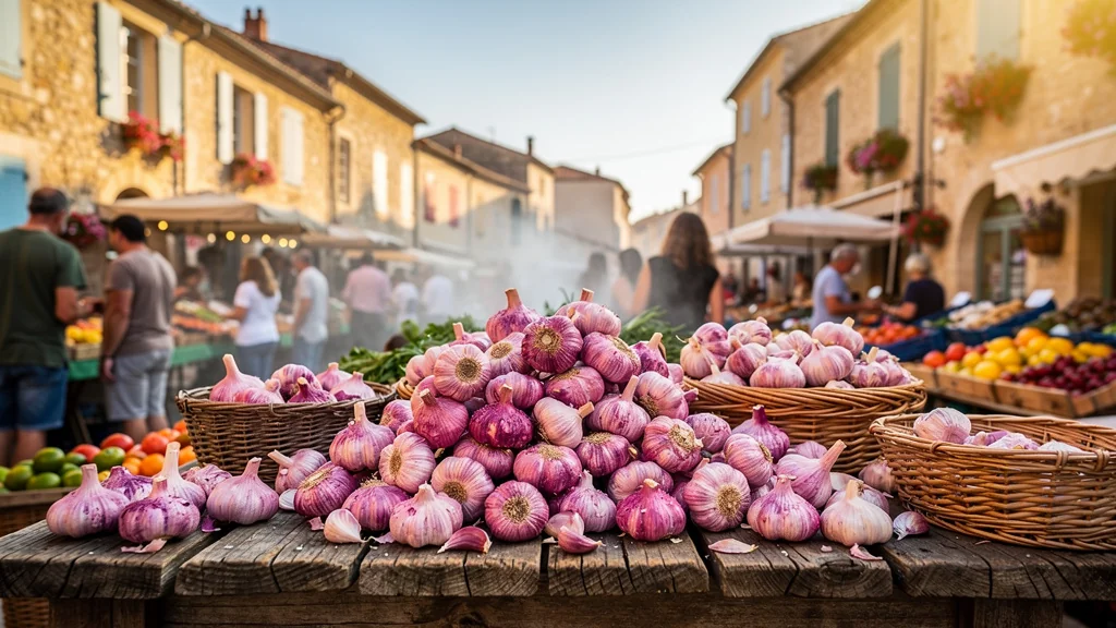 Marché de Fleurance avec ail rose frais en gros plan, fraîcheur et couleur uniques pour cuisiner