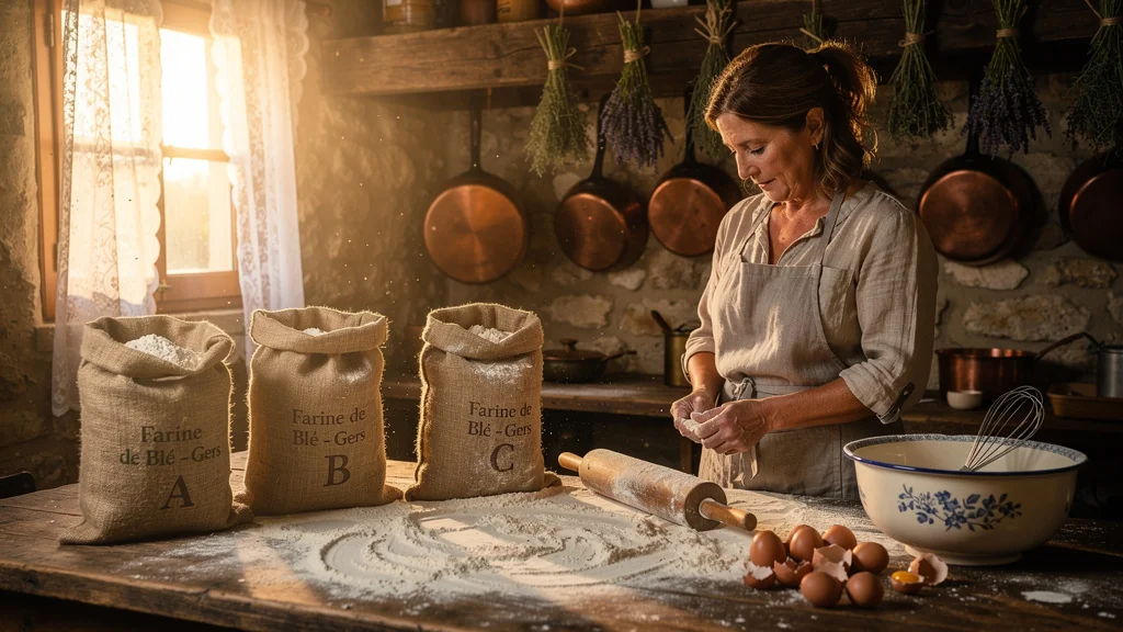 Trois farines gersoises sur un plan de travail rustique pour tester des crêpes artisanales authentiques