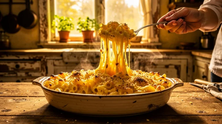 Gratin de macaronis hyper réaliste avec fromage élastique débordant dans un plat en céramique rustique