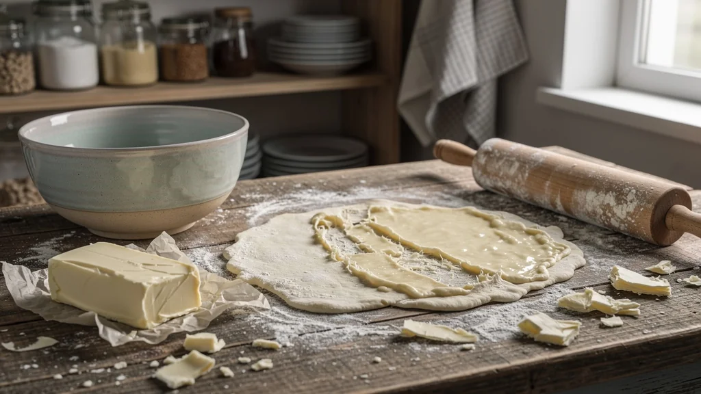 Pâte feuilletée ratée avec beurre trop mou sur plan de travail en bois fariné