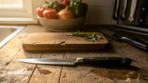 Couteau d'office à 12 euros trônant sur un plan de travail en bois dans une cuisine éclairée naturellement