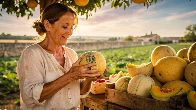 Femme cuisinière choisissant un melon mûr au marché de Lomagne, lumière naturelle et ambiance rustique