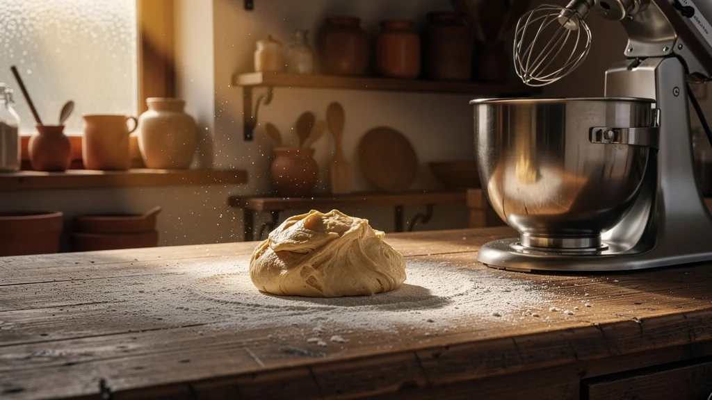 Robot pâtissier à côté d’une pâte à choux préparée à la main sur une table en bois rustique