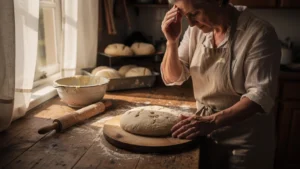 Pain plat sur plan de travail en bois après oubli du repos de la pâte par une cuisinière expérimentée