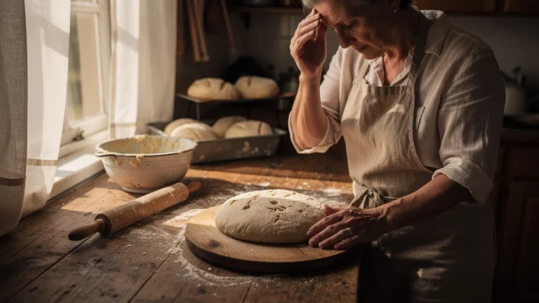 Pain plat sur plan de travail en bois après oubli du repos de la pâte par une cuisinière expérimentée